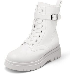 Dream Pairs Combat Boots Women's White Faux Leather Lace Up Lug Sole Buckle
